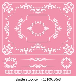 Mega set collections of vintage design elements. Royalty frames, border, dividers in white color on pink. Vector illustration. Can use for valentine and birthday card, wedding invitations.