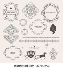 Mega set collections of vintage design elements. Royalty frames, borders, dividers, damask signs, carriage in brown color on beige. Vector illustration. Can use for birthday card, wedding invitations.