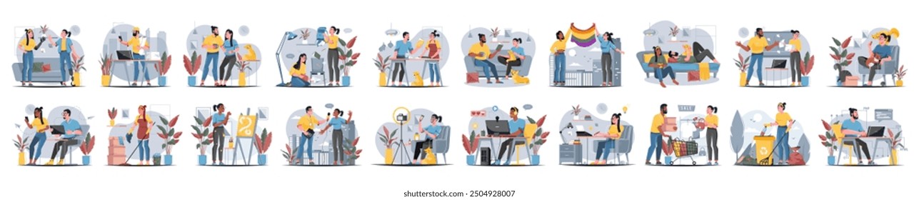 Mega set of color concepts with people scene in flat cartoon design. A big collection of scenes with men and women in various situations on a grey background. Vector illustration.