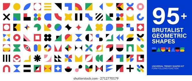 Mega Conjunto de Formas planas geométricas abstractas coloridas. Colección de Elementos Y2K minimalistas y brutalistas de la Bauhaus para Diseños gráficos modernos, carteles y proyectos de diseño contemporáneo