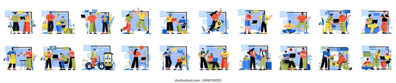 Mega set of colorful concepts with people scene in flat cartoon design. A large selection of colorful images showing men and women in various life situations. Vector illustration.