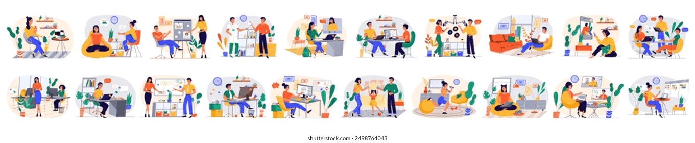 Mega set of colorful concepts with people scene in flat cartoon design. The set of illustrations are done in bright colors and cover a variety of topics. Vector illustration.