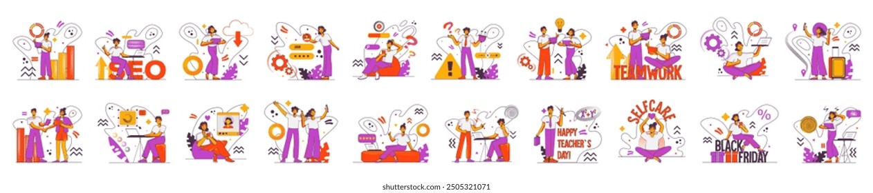 Mega set of colorful concepts with people scene in flat cartoon design. Illustrations on various topics are depicted in this collection using orange, purple and red colors. Vector illustration.