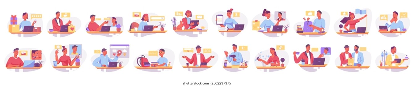Mega set of colorful gradient concepts with people scene in flat cartoon design. A big collection of scenes with Asian men and women in various situations. Vector illustration.