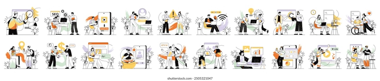 Mega set of colorful linear concepts with people scene in flat cartoon design. The collections in this image depict men and women on various themes with beautiful color palette. Vector illustration.