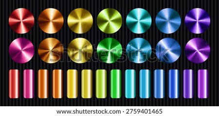 Mega set of colorful metallic gradients. Vibrant neon mesh swatches in circular and vertical shapes for UI design, game icons and modern branding elements.