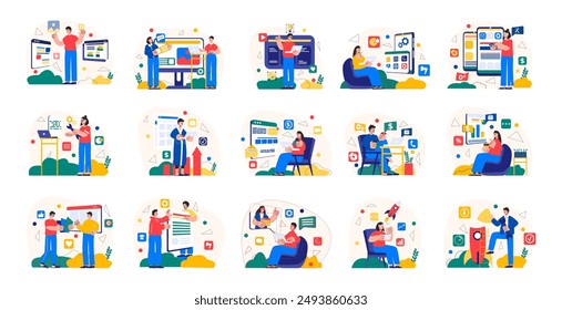 Mega set of colorful simple concepts with people scene in flat cartoon design. Career, social media, medicine, science and many other topics are depicted in this collection. Vector illustration.