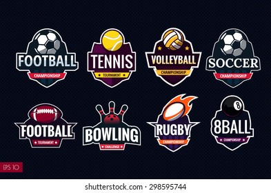 Mega set of colorful sports logos tennis, soccer, american football, volleyball, bowling, rugby, billiards. Vector abstract isolated illustration