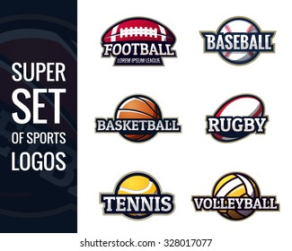 Mega set of colorful sports logos labels tennis, american football, volleyball, rugby, basketball, baseball. Vector abstract isolated illustration