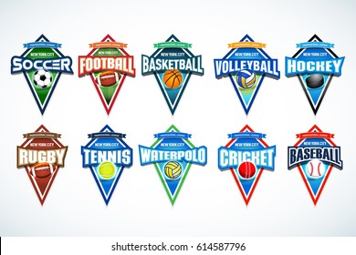 Mega set of colorful sports logos soccer, football, basketball, volleyball, hockey, rugby, tennis, waterpolo, cricket, baseball. Vector abstract isolated illustration on white background.