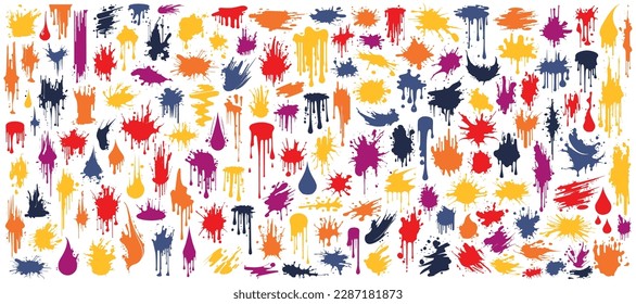 Mega Set of colorful vector brushes, various brush strokes. Colored paint splatters, smudges, freehand circles, grungy drawn lines, waves, circles, triangles, art design elements