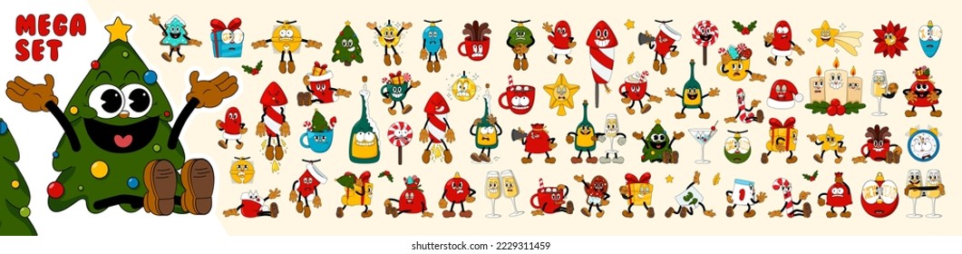 Mega set of comic characters in retro cartoon style. Cute comic gloved hands characters in cartoon 1930s style. Doodle Comic characters for holiday of the new year and christmas.