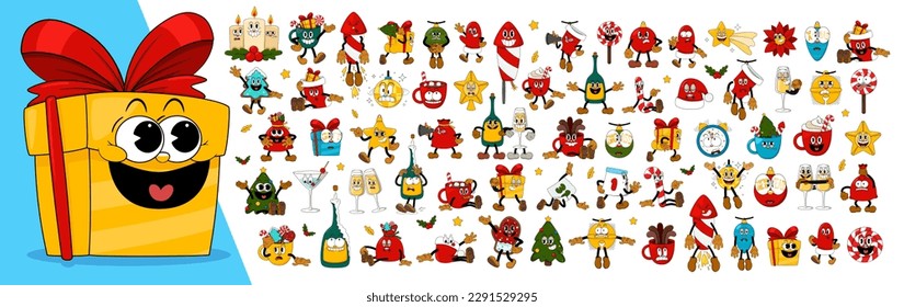 Mega set of comic characters in retro cartoon style. Cute comic gloved hands characters in cartoon 1930s style. Doodle Comic characters for holiday of the new year and christmas.