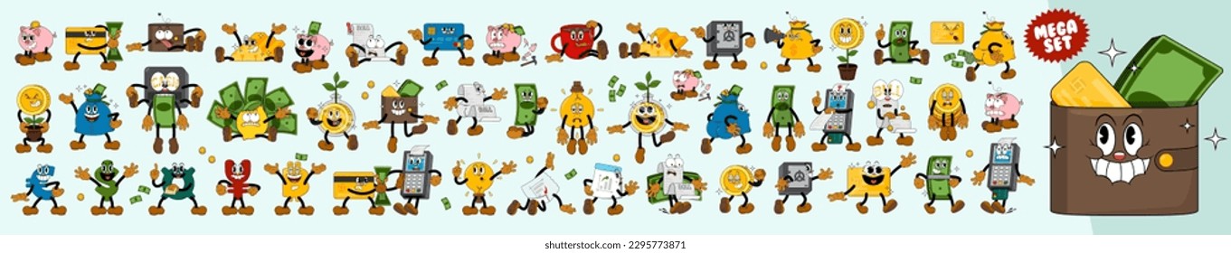 Mega Set of comic characters in retro cartoon style. Cute comic gloved hands characters in cartoon 1930s style. Collection of comic characters on a business theme in retro cartoon style