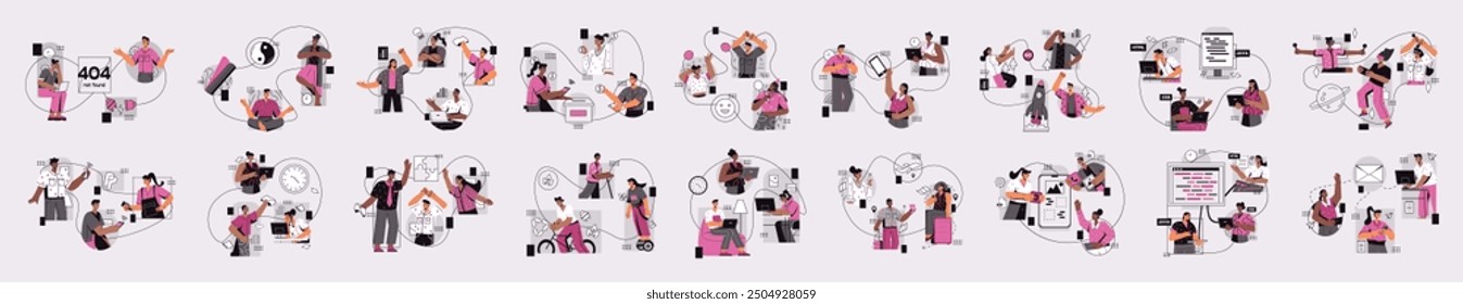 Mega set of composition with 4 elements with people scene in flat cartoon design. A big collection of scenes with men and women in various situations in purple and grey colors. Vector illustration.