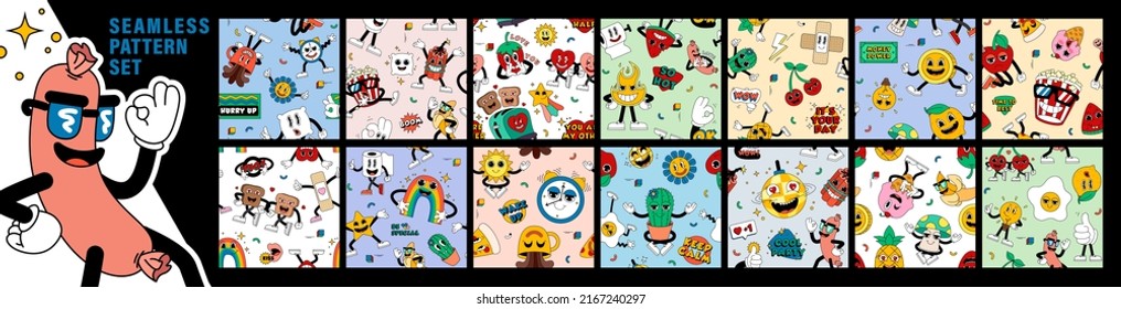 Mega set of cool seamless pattern with retro cartoon funny comic characters, gloved hands. Backgrounds with cute hand-drawn comic characters.