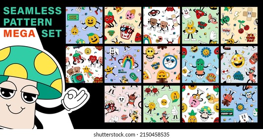 Mega set of cool seamless retro cartoon stickers with funny comic characters, gloved hands. Backgrounds with cute hand-drawn comic characters.