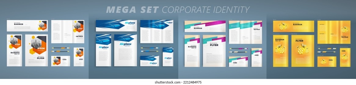 Mega Set Corporate Identity template cover flyer, tri-fold, banner, roll up banner, business card