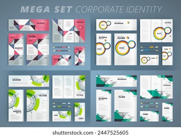 Volante de la cubierta de la Plantilla de identidad Corporativa de Mega Set, tríptico, Anuncio, Anuncio enrollable, tarjeta de visita