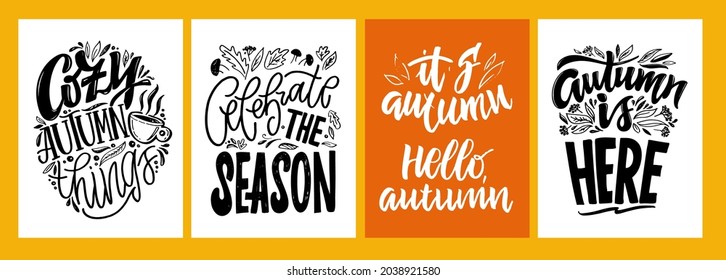 Mega set. Cozy autumn things - Autumn is here - autumn vibes. Cute hand drawn doodle lettering label. Lettering for poster, web, t-shirt design.