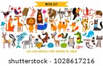 Mega set of cute cartoon animals: wild animals, marina animals.Vector illustration isolated on white background.