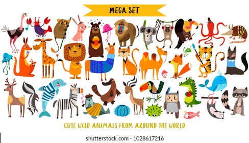 Mega set cute cartoon animals: wild animals  marina animals Vector illustration isolated white background 