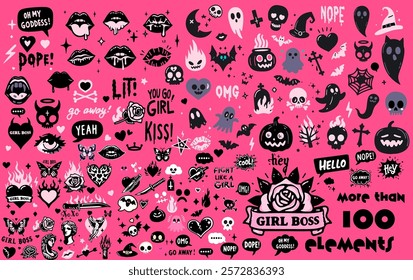 Mega set of cute cartoon stickers with funny comic illustrations in tattoo style on a pink background. Contemporary doodles of fire flames, lips, abstract faces, ect.