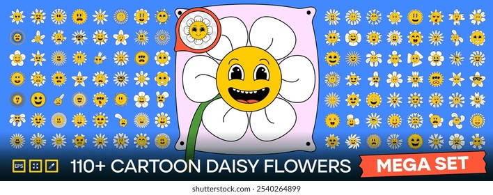 Mega set of cute comic chamomile characters in cartoon retro style with outline. Cartoon Daisy flowers set with funny smiling faces. Happy sunny chamomiles. Bloom chamomile emoji.