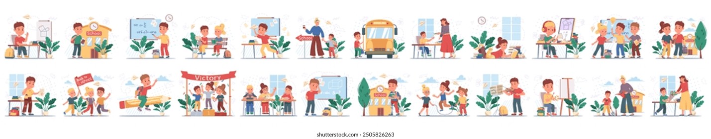 Mega set of cute concepts with people scene in flat cartoon design. A large collection of bright illustrations depicting different every day situations with children. Vector illustration.