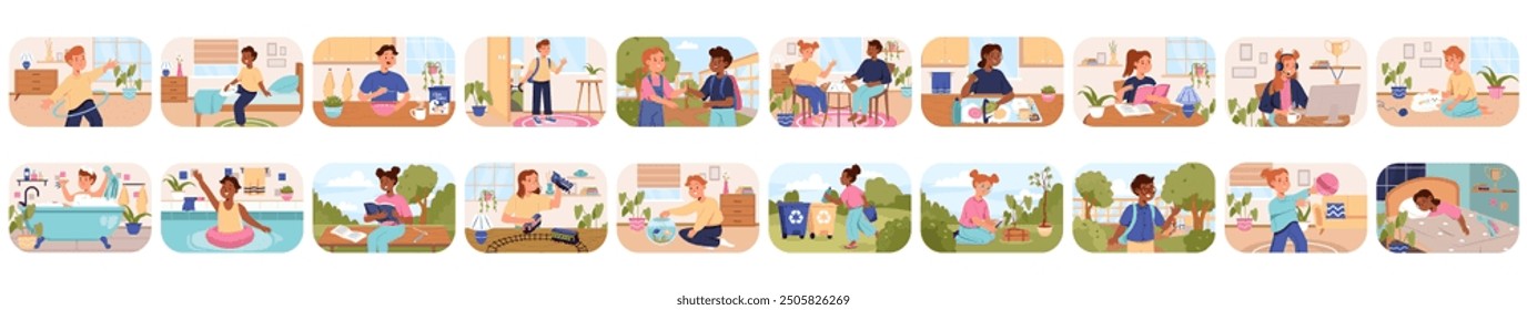 Mega set of cute concepts with people scene in flat cartoon design. This set of bright illustrations is made in saturated colors and shows children in various life situations. Vector illustration.