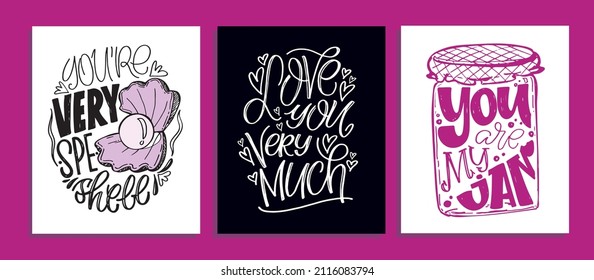 Mega set! Cute hand drawn doodle lettering postcard about love. Love you poster. Happy Valentine's Day - lettering template label.