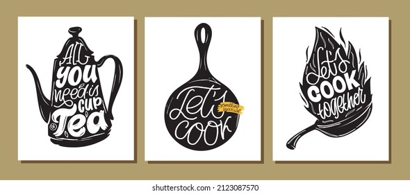 Mega set .Cute hand drawn doodle lettering postcard about food. Lettering poster about eat, drink, cooking.