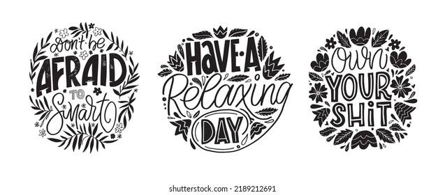 Mega set. Cute hand drawn doodle lettering motivation phrase postcard. Lettering art banner, t-shirt design. 