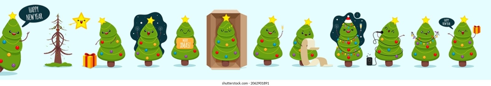 Mega Set de bonitos y felices árboles de navidad con diferentes emociones y expresiones faciales para la fiesta del cristianismo. Los árboles de navidad al estilo de las caricaturas hacen tareas diferentes. 