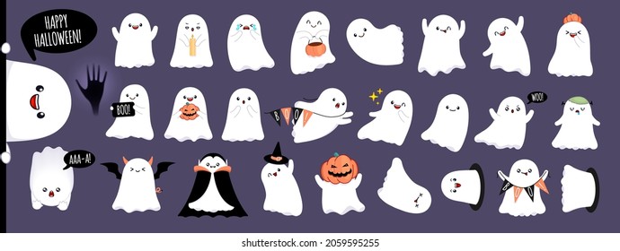 Mega Set of cute happy ghosts with different emotions and face expressions. White scary spirits in cartoon style. Cute baby ghosts for Halloween party