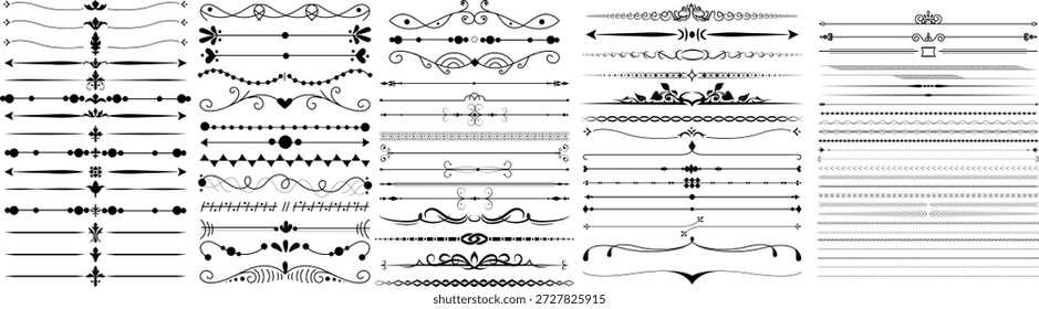 Mega conjunto de divisores de página decorativos, conjunto de flor caligráfico, remolinos adornados negros, elegantes Elementos de diseño de filigrana para invitaciones de Boda, Antiguas decoraciones de borde de estilo victoriano