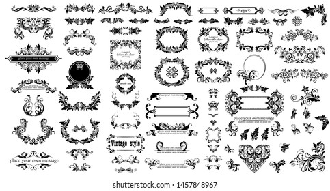 Mega set of decorative vintage floral black frames, title and headers for wedding and heraldic design, fashion labels, ceremony, menu card, restaurant, cafe, hotel, jewellery store, logo templates