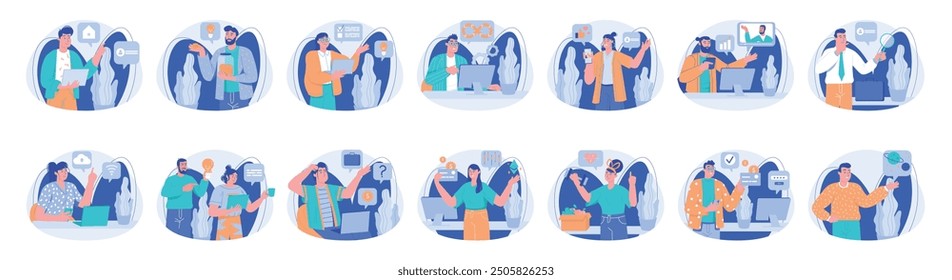 Mega set of different blue concepts with people scene in flat cartoon design. Impressive scenes using a beautiful color palette are depicted in this collection. Vector illustration.