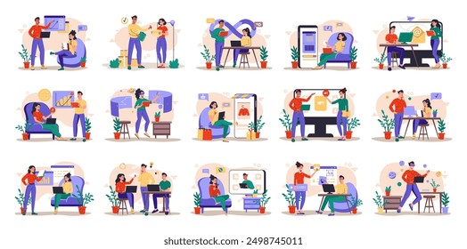 Mega set of different concepts with people scene in flat cartoon design. A massive collection of bright illustrations with various life situations on a beige background. Vector illustration.