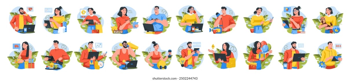 Mega conjunto de diferentes conceptos con escena de personas en diseño plano de dibujos animados. La gran colección de ilustraciones se realiza en colores brillantes y cubre una variedad de temas. Ilustración vectorial.