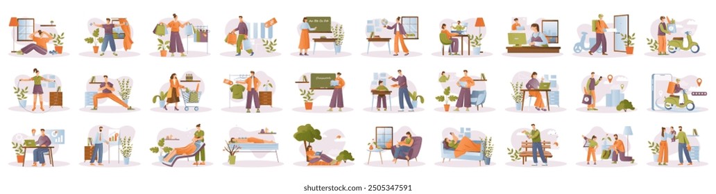 Mega set of different concepts with people scene in flat cartoon design. This set of bright illustrations is made in soft colors and shows men and women in various situations. Vector illustration.