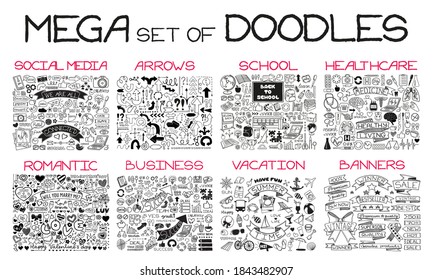 MEGA set of different doodles isolated on white background