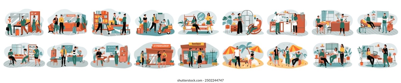 Mega set of different interior concepts with people scene in flat cartoon design. Each scene in this collection is filled with details and the atmosphere. Vector illustration.