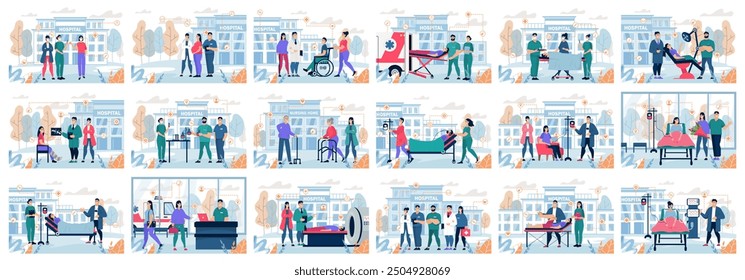 Mega set of different medical concepts with people scene in flat cartoon design. This collection features different illustrations on a blue background and shows medical themes. Vector illustration.