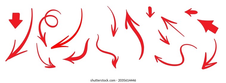 Mega set of different red hand-drawn arrows, ink, brush style, on white