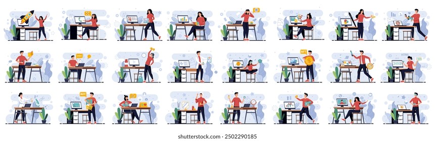 Mega set of different simple concepts with people scene in flat cartoon design. Every scene in this collection is filled with detail, creating vivid and engaging visual content. Vector illustration.