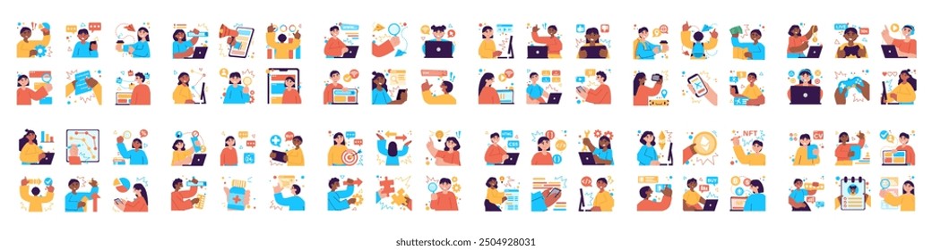 Mega set of different simple concepts with people scene in flat cartoon design. The collections in this image depict situations on various themes with yellow, blue and red colors. Vector illustration.