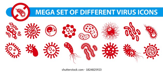 Mega set of different  types virus icons. (Corona virus -2019-nCoV).  Vector viruses, microbes, pathogens, bacteria and germs red symbols isolated on white background.