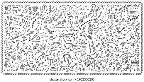 Mega set of doodle arrows, digits, and design elements. Isolated black signs, shapes on white background. Hand drawn symbols collection. Vector illustration