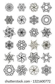 Mega set of doodle design star shapes, elegant geometric patterns, symmetric lace ornament